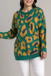 Umgee Full Size Leopard Destroyed Rib Band Sweater Plus Size | Sweaters Daverri Fashions