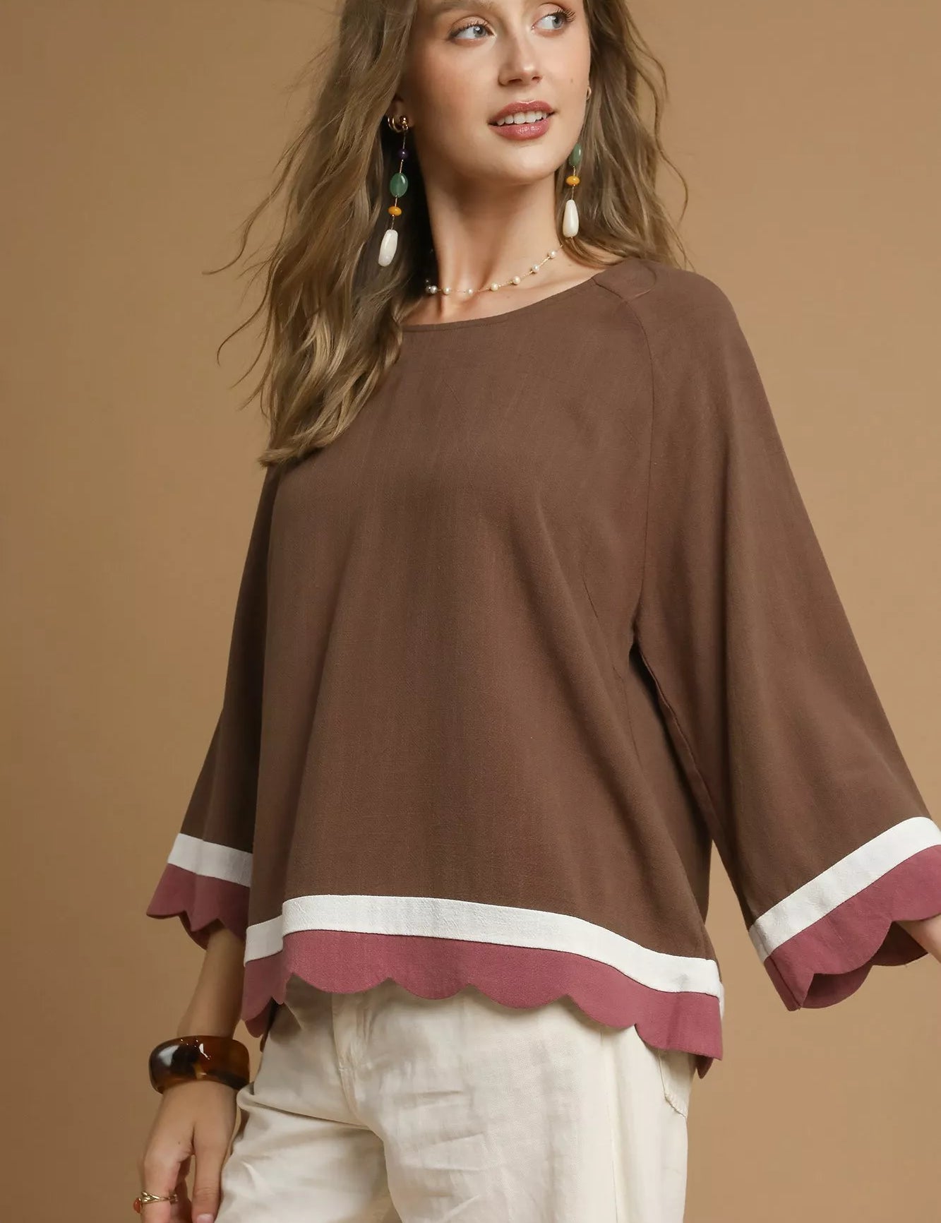 Umgee Scalloped Hem Color Block Top | Blouses Daverri Fashions