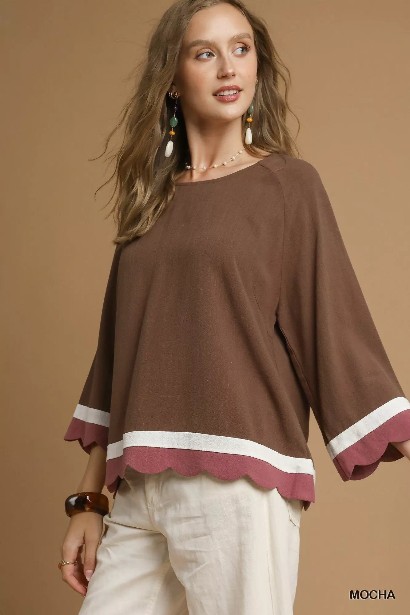 Umgee Scalloped Hem Color Block Top | Blouses Daverri Fashions