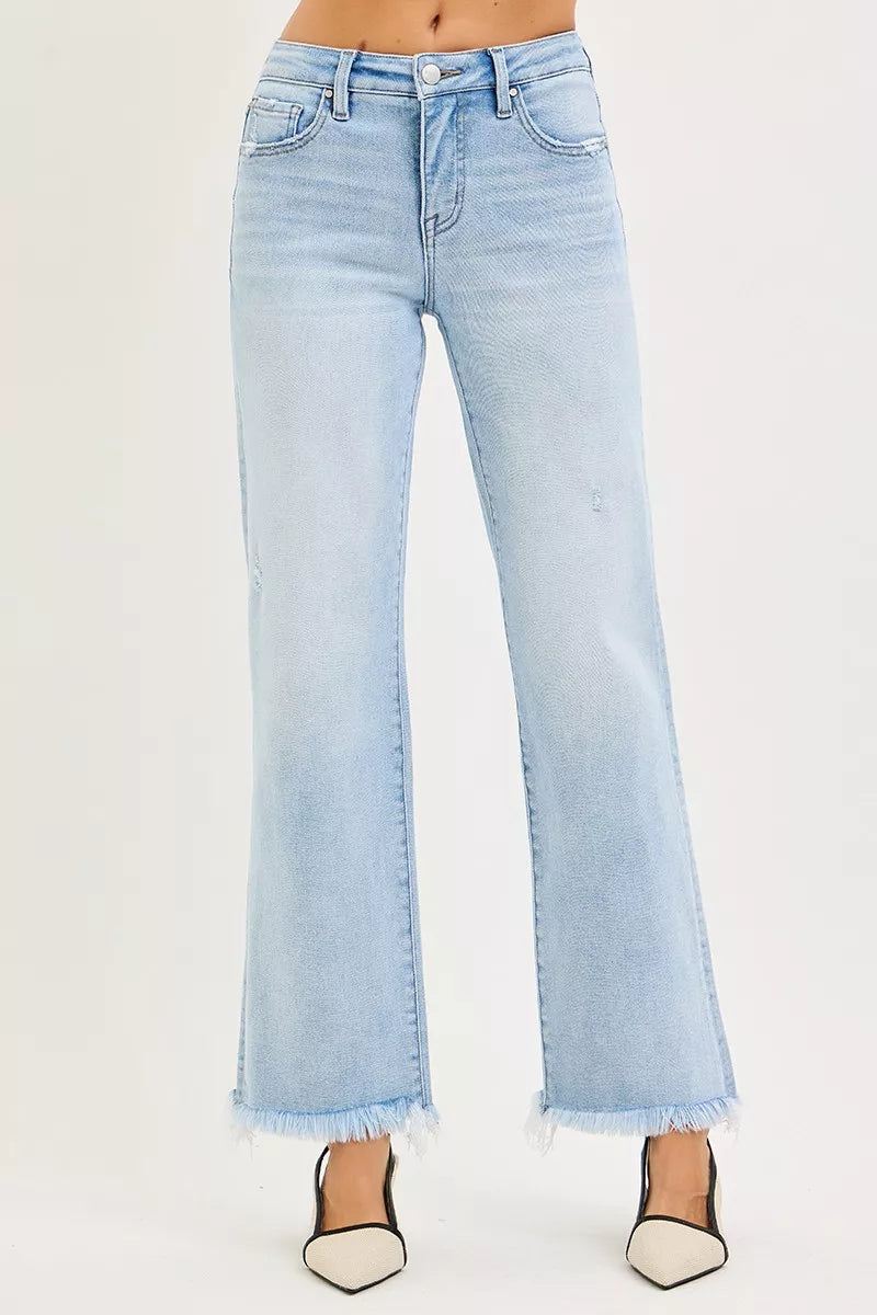 RISEN Tummy Control Mid Rise Ankle Straight Fray Hem Jeans in light-wash denim