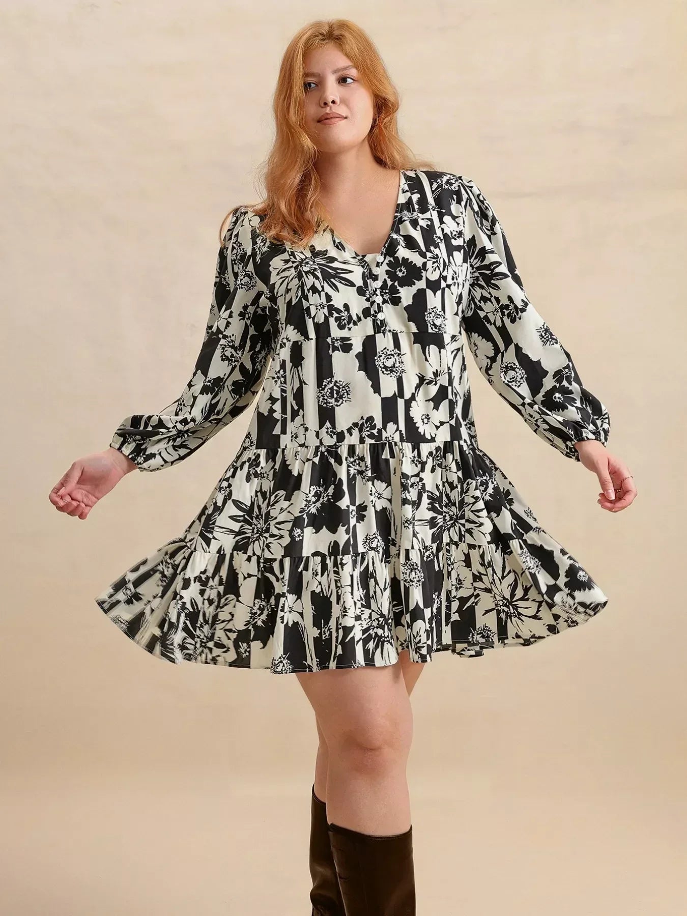 Plus Size Printed V-Neck Long Sleeve Mini Dress - DAVERRI FASHIONS
