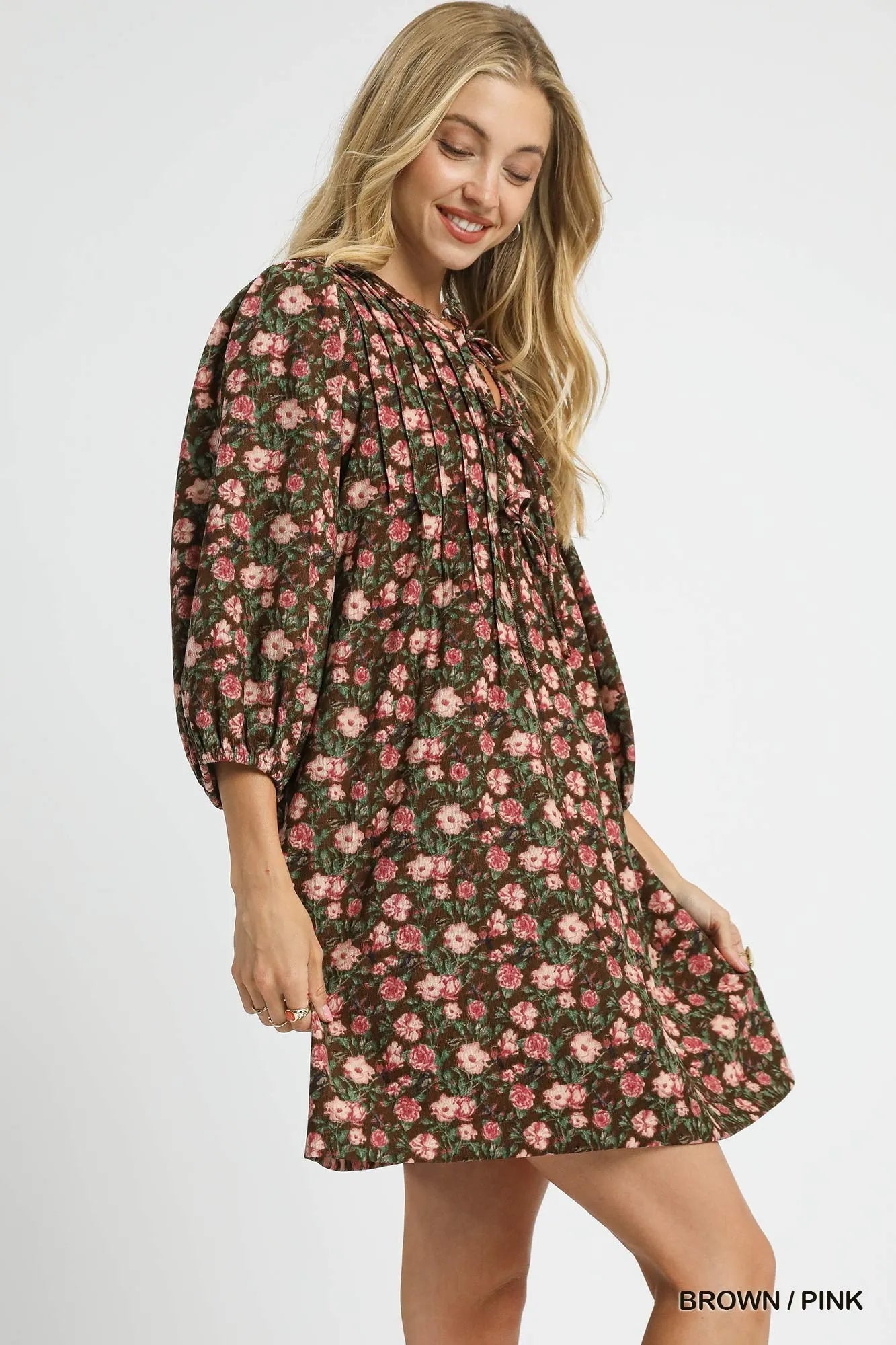 Umgee Floral Tie-Neck Babydoll Dress | Daverri Fashions