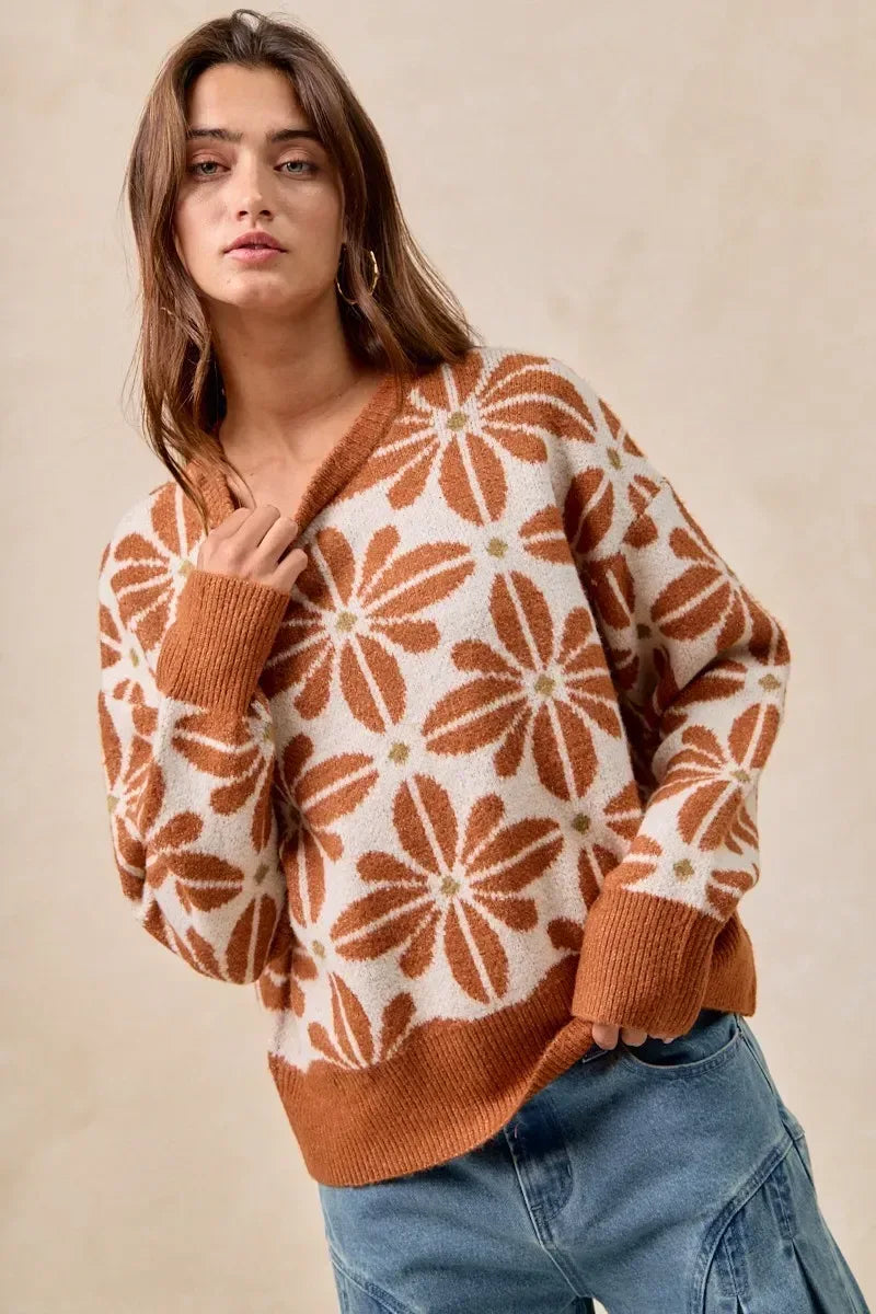 BiBi Flower Pattern Long Sleeve Sweater - DAVERRI FASHIONS