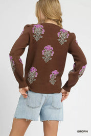 Umgee Single Flower Stem Jacquard Sweater | Sweaters Daverri Fashions