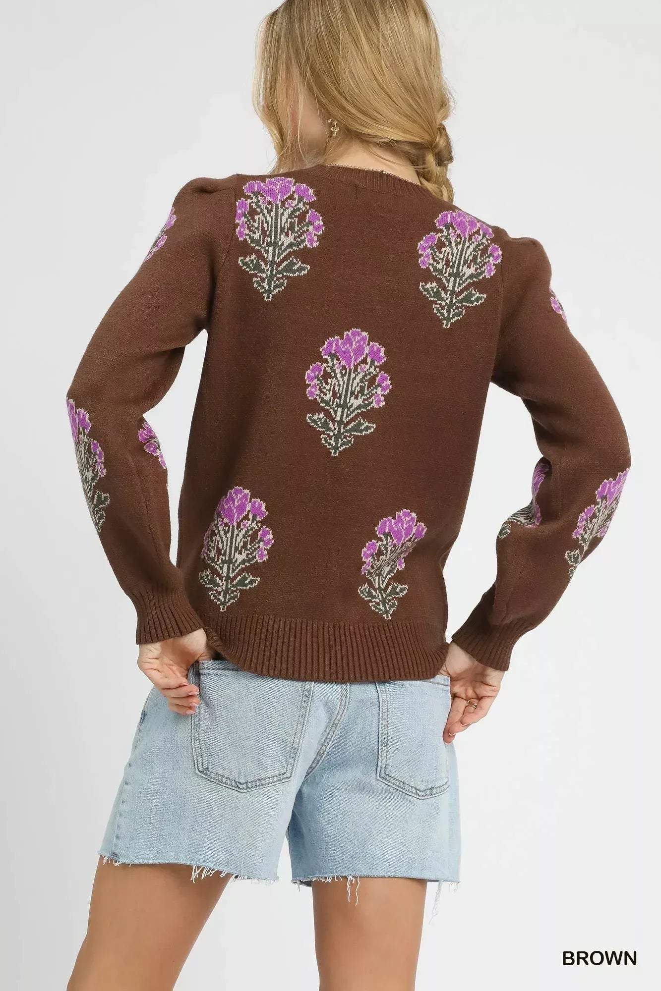Umgee Single Flower Stem Jacquard Sweater - DAVERRI FASHIONS