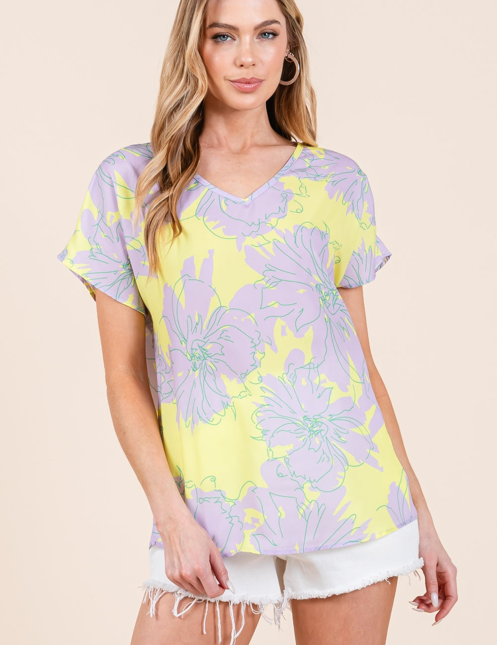 Lilac-Yellow BOMBOM Floral Short Sleeve T-Shirt | Daverri Fashions