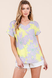 Lilac-Yellow BOMBOM Floral Short Sleeve T-Shirt | Daverri Fashions