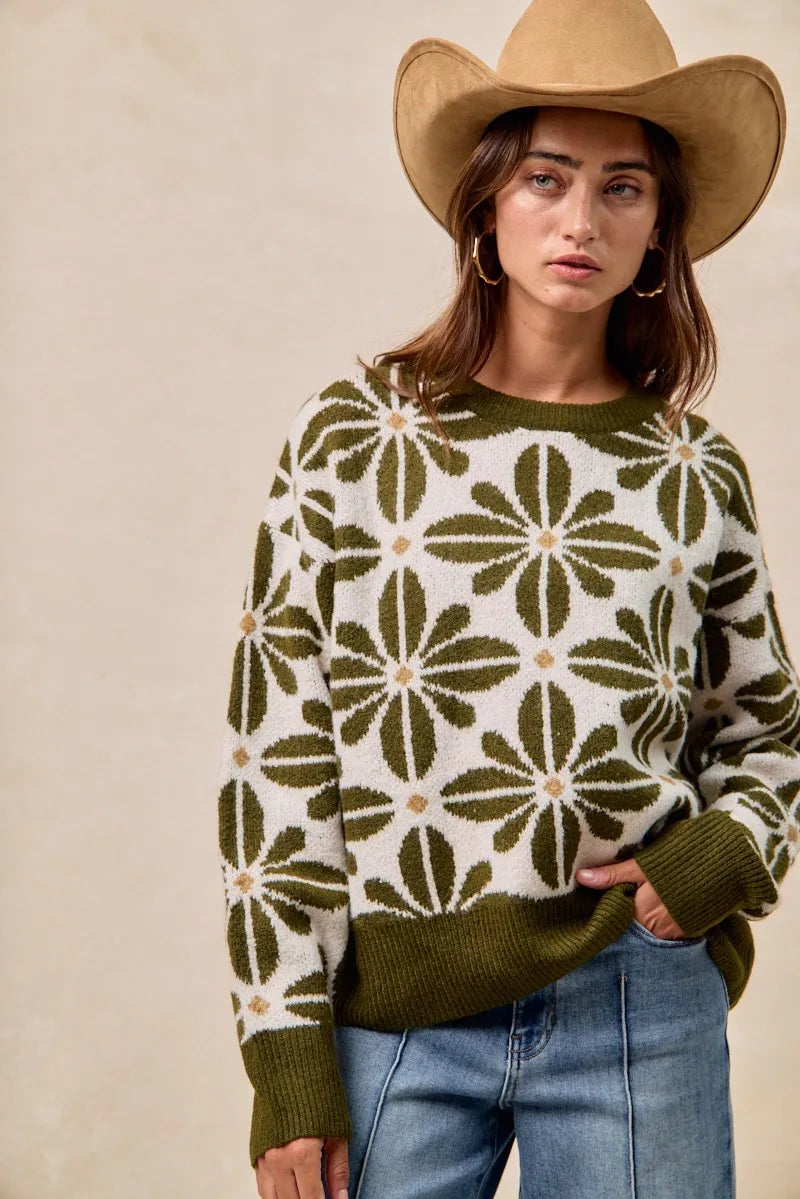 BiBi Flower Pattern Long Sleeve Sweater Olive | Sweaters Daverri Fashions