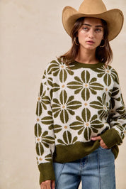 BiBi Flower Pattern Long Sleeve Sweater Olive | Sweaters Daverri Fashions