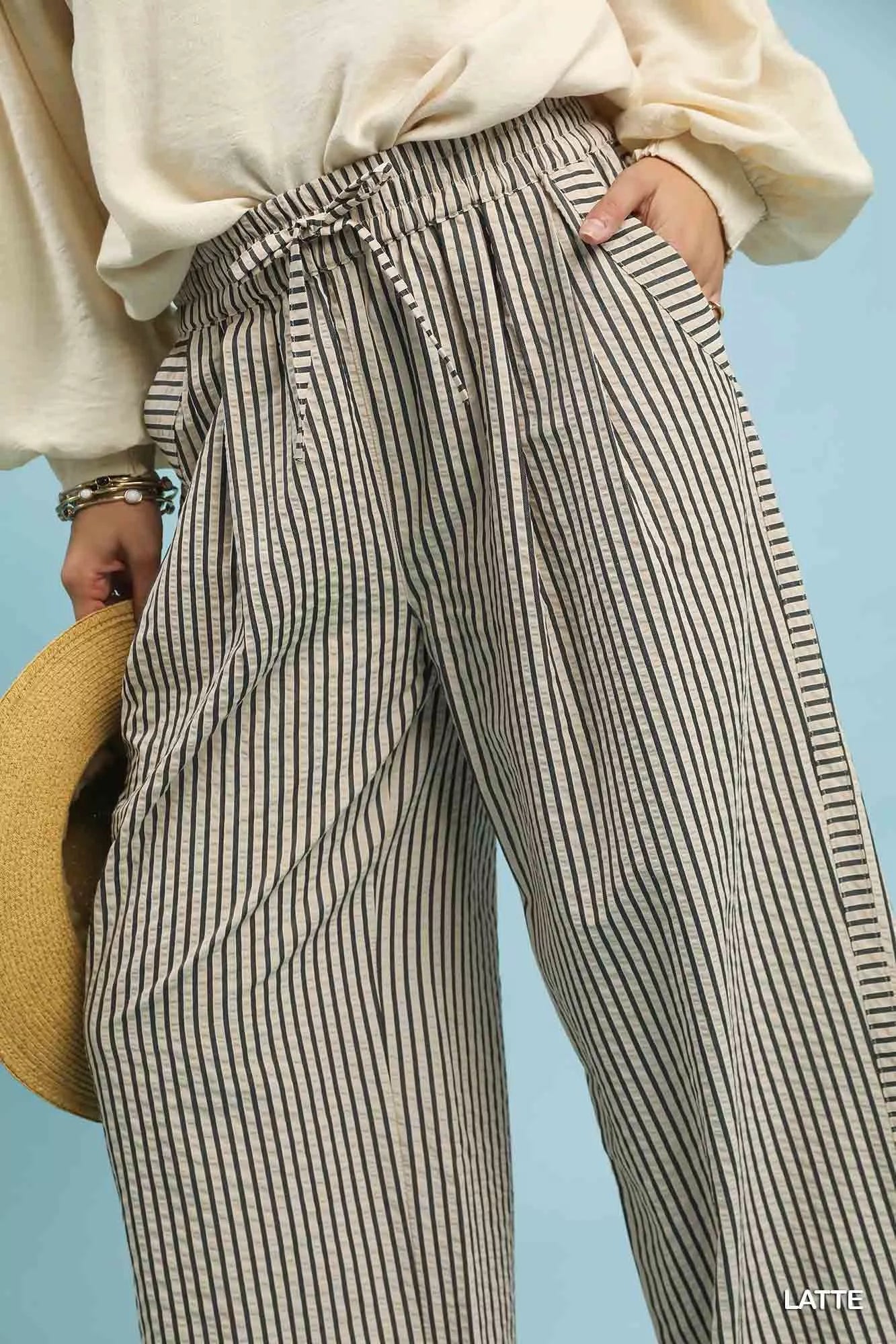 Umgee Drawstring Striped Wide-Leg Pants with black and beige stripes