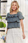 ADORA washed denim layered ruffle blouse with puff sleeves, size M