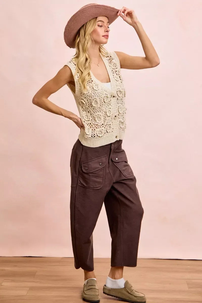 BiBi Washed Terry Pants with Pockets Vintage Mocha - DAVERRI FASHIONS