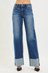 RISEN mid-rise wide straight jeans in blue denim with rolled cuffs