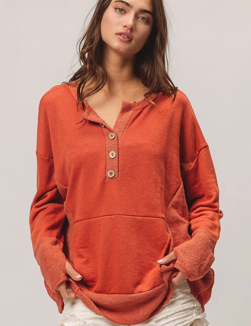 RUST BiBi French Terry Knit Side Block Buttoned Henley Top | Knit Tops Daverri Fashions