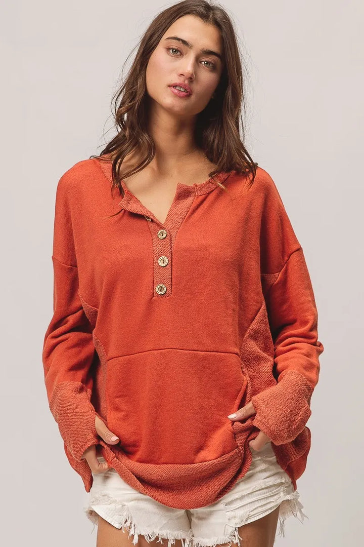 RUST BiBi French Terry Knit Side Block Buttoned Henley Top | Knit Tops Daverri Fashions