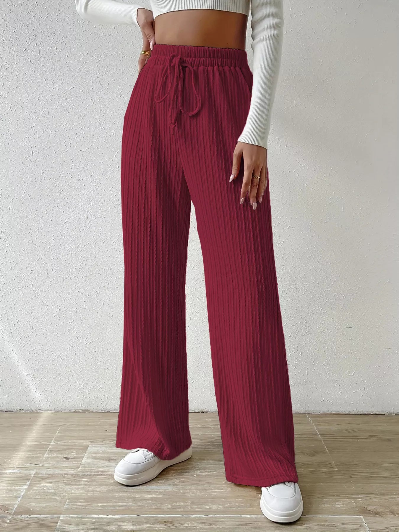 Wine Red Drawstring Wide Leg Pants | Lounge Pants Daverri Fashions