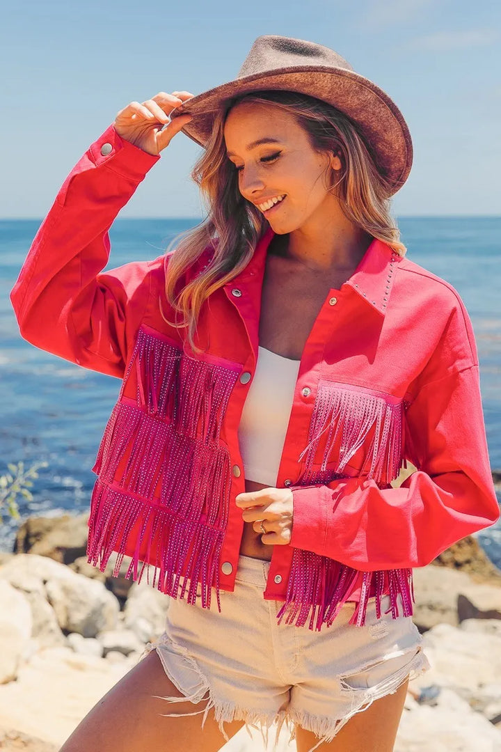 BiBi Rhinestone Fringe with Studed Collar Jacket Jackets