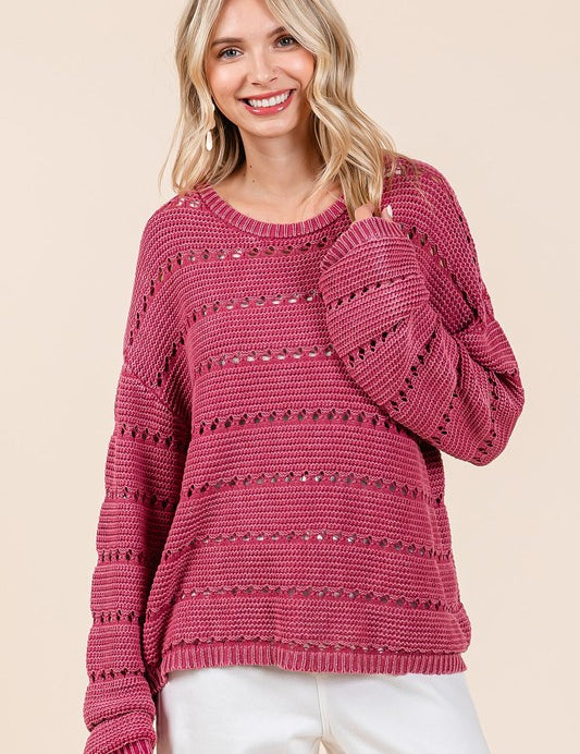 Mittoshop Openwork Round Neck Drop Shoulder Sweater RASPBERRY Tops