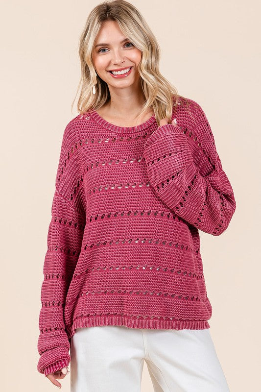 Mittoshop Openwork Round Neck Drop Shoulder Sweater RASPBERRY Tops