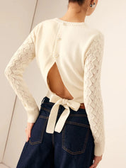 Cutout Bow Back Texture Round Neck Sweater | Sweaters Daverri Fashions