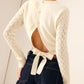 Cutout Bow Back Texture Round Neck Sweater - DAVERRI FASHIONS