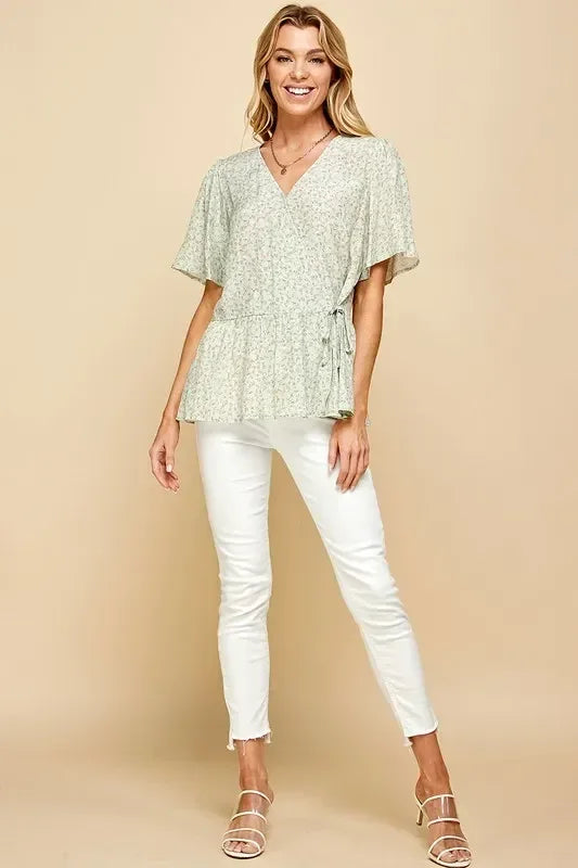 Lime 'N' Chili Ditsy Print V-Neck Short Sleeve Wrap Blouse - DAVERRI FASHIONS