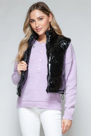 Black Snobbish Zip Up Turtleneck Shiny Quilted Vest | Vest Jackets Daverri Fashions