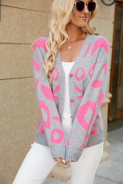 Gray Leopard Print V-neck Long Sleeve Button Down Cardigan | Cardigans Daverri Fashions
