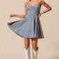 SO ME light-wash denim A-line fit and flare mini dress with thin straps