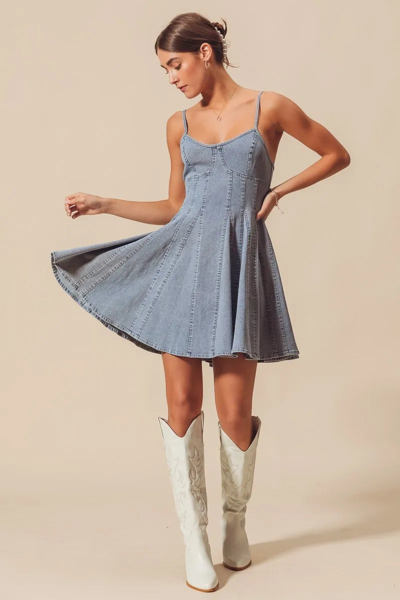SO ME light-wash denim A-line fit and flare mini dress with thin straps