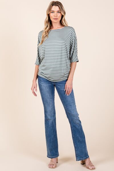 BOMBOM Striped Boat Neck Dolman Sleeve Top Tops