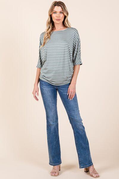 BOMBOM Striped Boat Neck Dolman Sleeve Top Tops