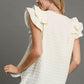 Umgee Full Size Textured Jacquard V-Neck Ruffle Cap Sleeve Blouse Plus Size Blouses