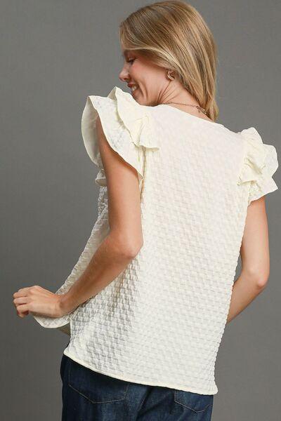 Umgee Full Size Textured Jacquard V-Neck Ruffle Cap Sleeve Blouse Plus Size Blouses