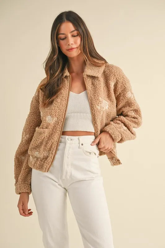 MABLE Floral Embroidered Fleece Teddy Jacket