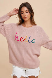 Mauve Annie Wear HELLO Embroidered Raglan Sleeve Sweater | Sweaters Daverri Fashions