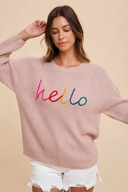 Annie Wear HELLO Embroidered Raglan Sleeve Sweater Mauve Sweaters