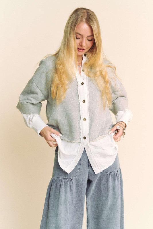 Davi & Dani Faux Layered French Terry Contrast Top HEATHER GREY S Tops