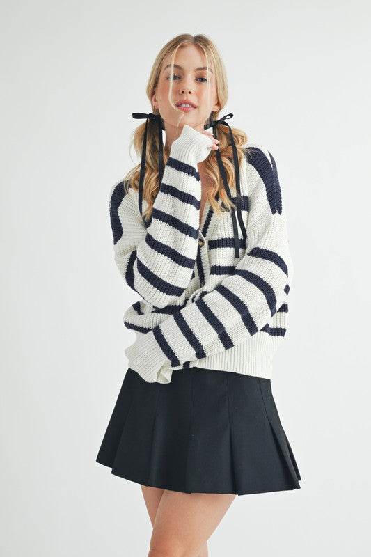 Aemi + Co Striped V-Neck Button Down Cardigan