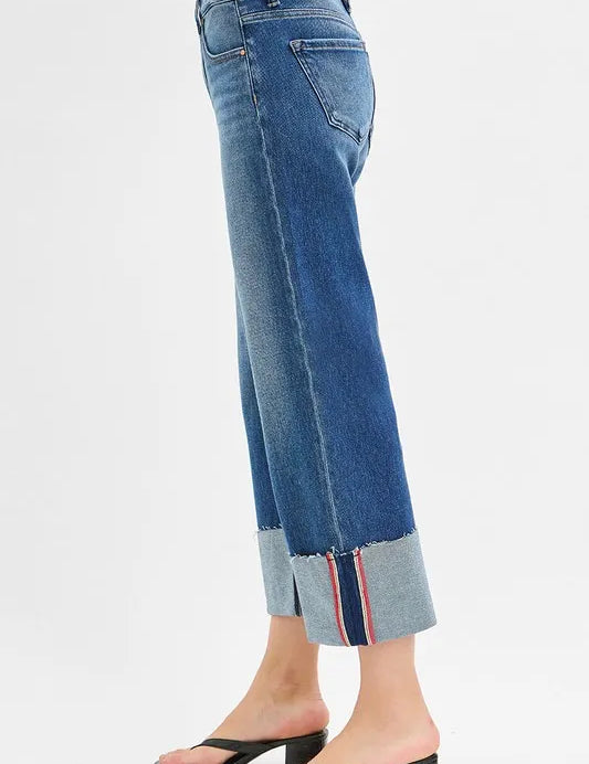 RISEN Full Size Tummy Control Mid Rise Crop Wide Cuffed Jeans Plus Size | Jeans Daverri Fashions