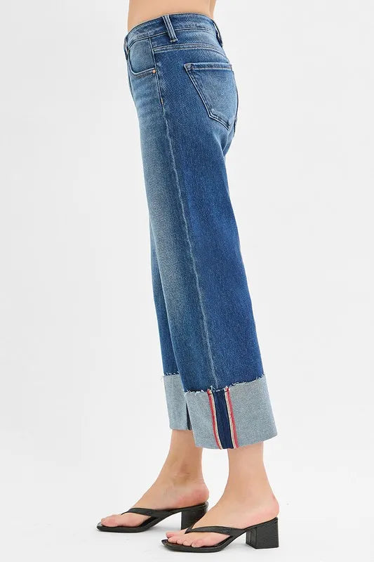 RISEN Full Size Tummy Control Mid Rise Crop Wide Cuffed Jeans Plus Size Jeans