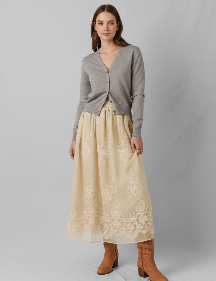 Embroidered Mesh Overlay Flowy Midi Skirt | Skirts Daverri Fashions