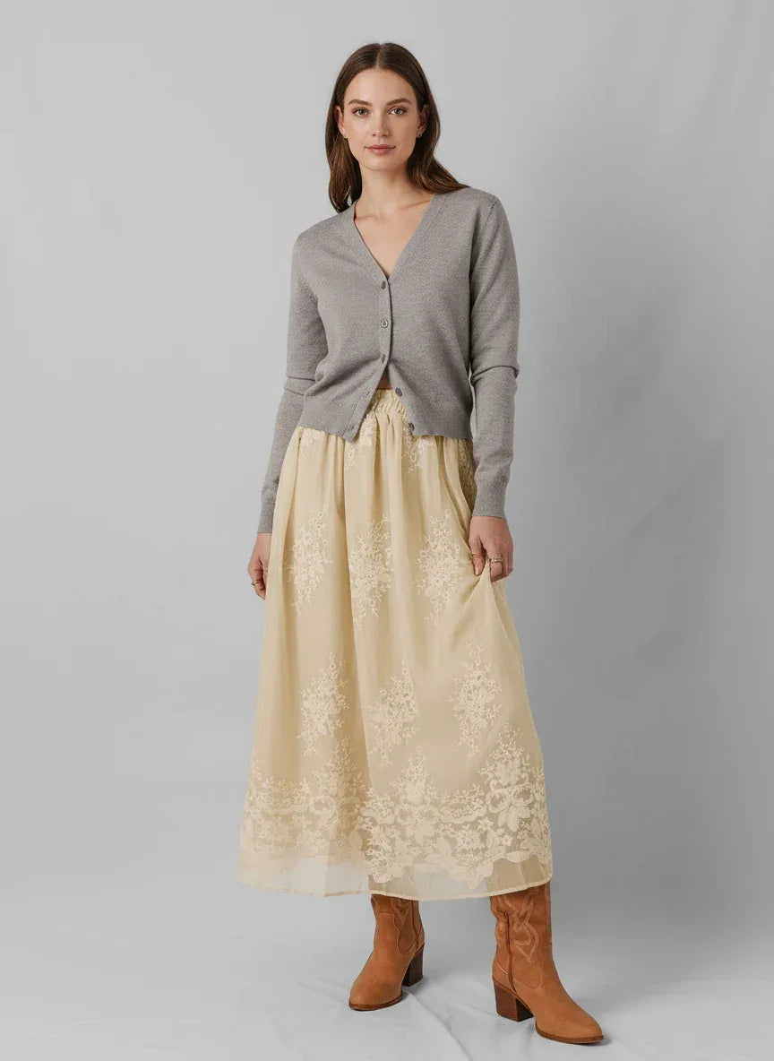 Embroidered Mesh Overlay Flowy Midi Skirt - DAVERRI FASHIONS