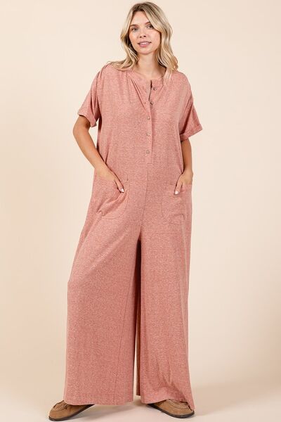 Mittoshop Button Detail Short Sleeve Wide Leg Jumpsuit