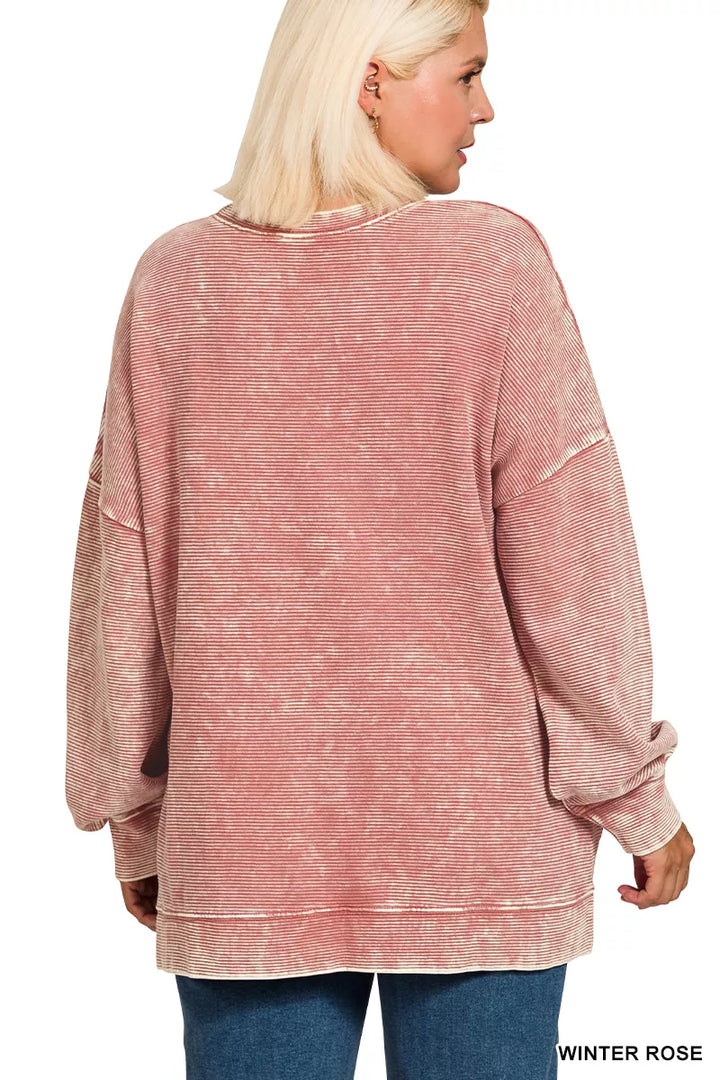 Zenana Full Size Acid Washed Double Ribbed Hi-low Sweatshirt Plus Size | Sweatshirts Daverri Fashions