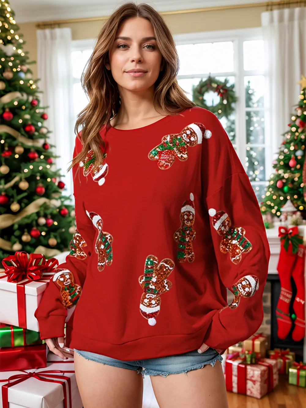 Deep Red Sequin Gingerbread Man Long Sleeve Sweatshirt | Sweatshirts Daverri Fashions