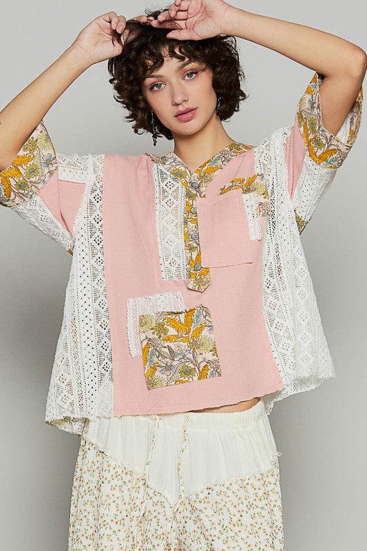 POL Vintage Washed Lace Patchwork Printed Half Button Top