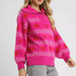 Umgee Floral Patterned Jacquard Quarter-Zip Pullover Sweater Hot Pink - DAVERRI FASHIONS