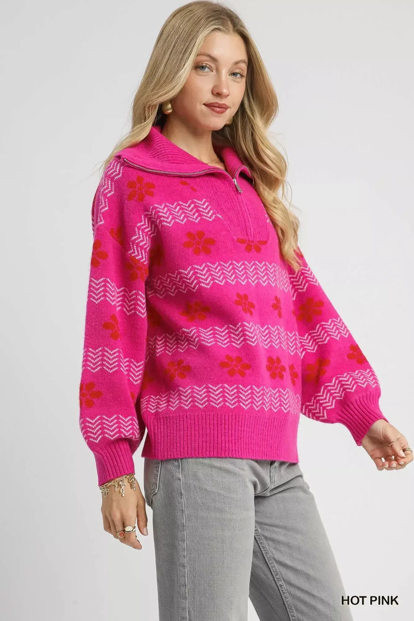 Umgee Floral Patterned Jacquard Quarter-Zip Pullover Sweater Hot Pink - DAVERRI FASHIONS