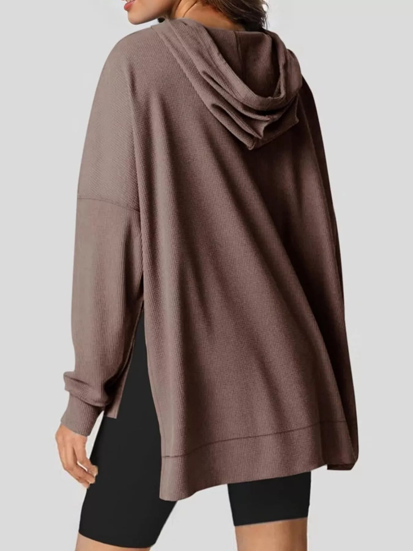 Daverri Fashions oversized drawstring side slit ribbed knit hoodie in muted brown